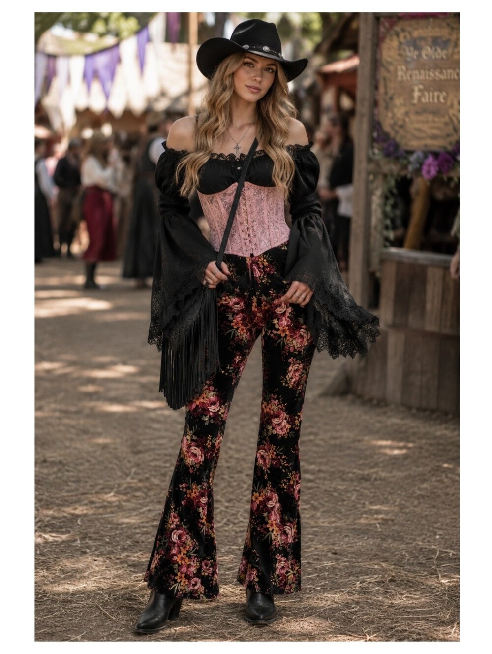 HDYWT S Dark Roses Floral Velvet Bell Bottom Flare Pants Made USA Whimsical Goth